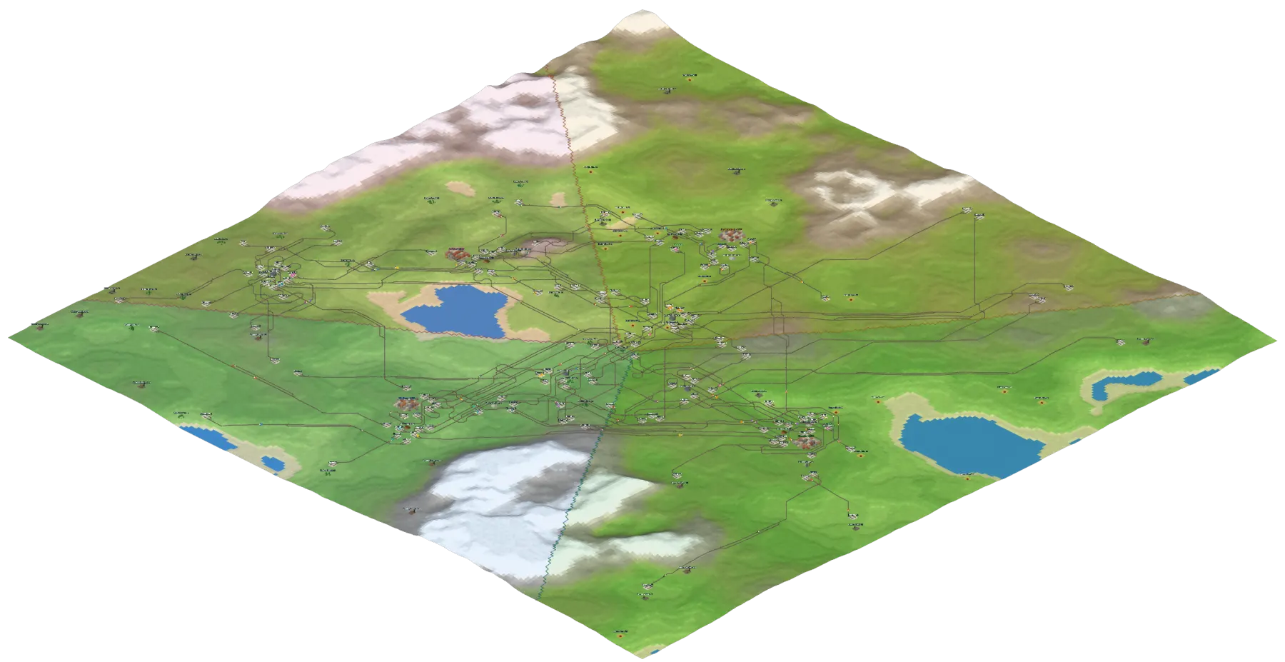 The whole FourCities map from above, with territory borders, two lakes, snowy mountains and four cities linked by dense track.